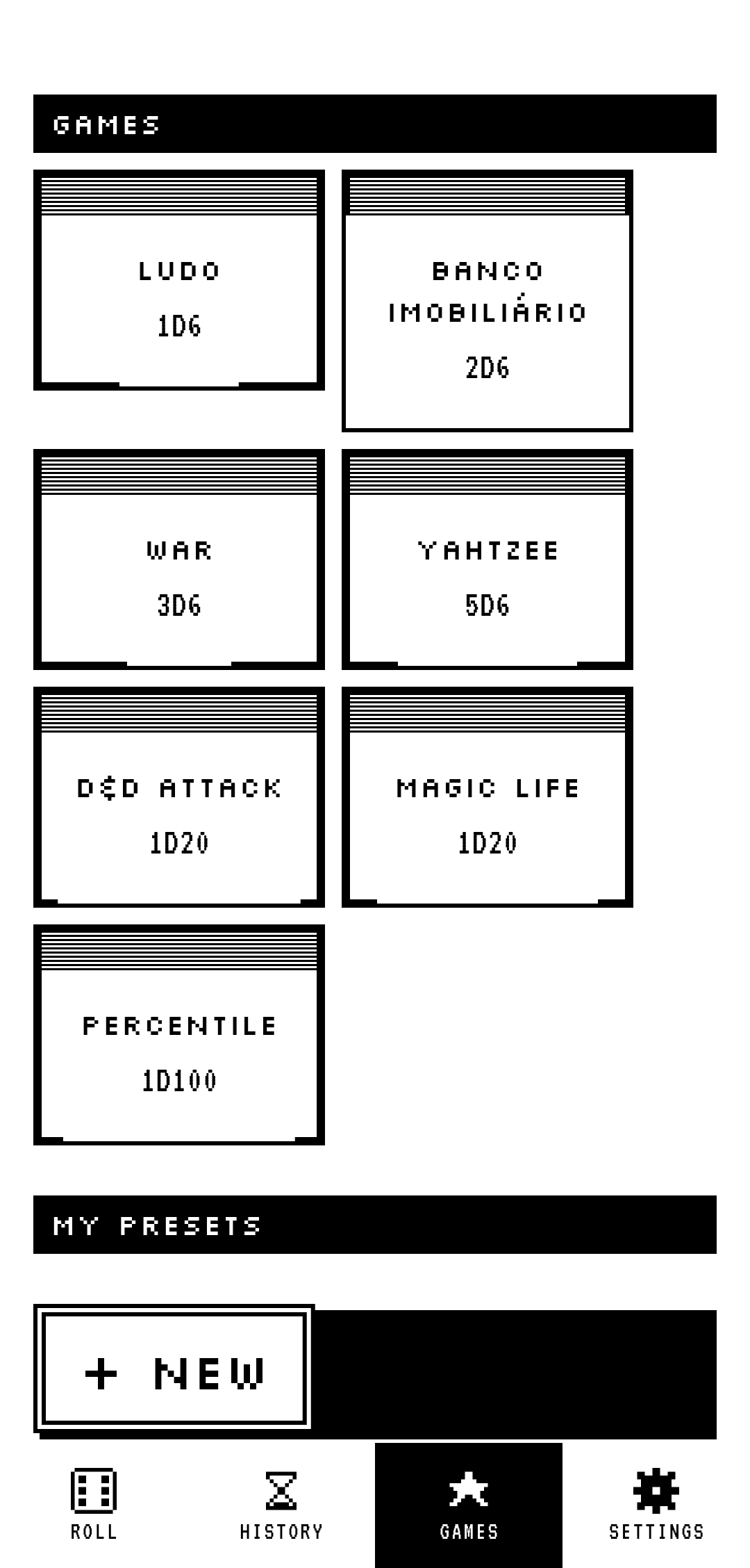 Game presets screen