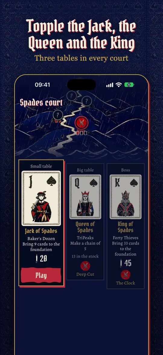 Topple the Jack, the Queen and the King: the three tables of the court of Spades