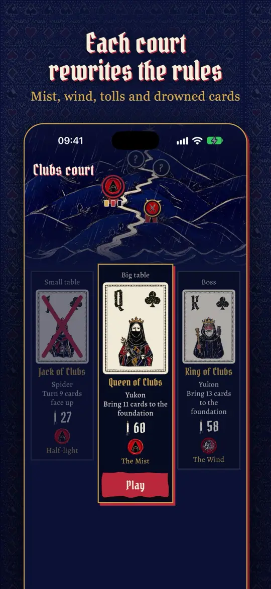 Each court rewrites the rules: the court of Clubs, with Mist