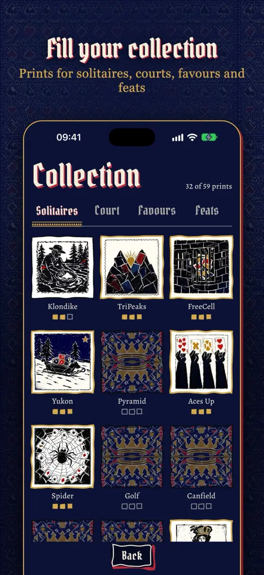 Fill your collection: prints for solitaires, courts, favours and feats