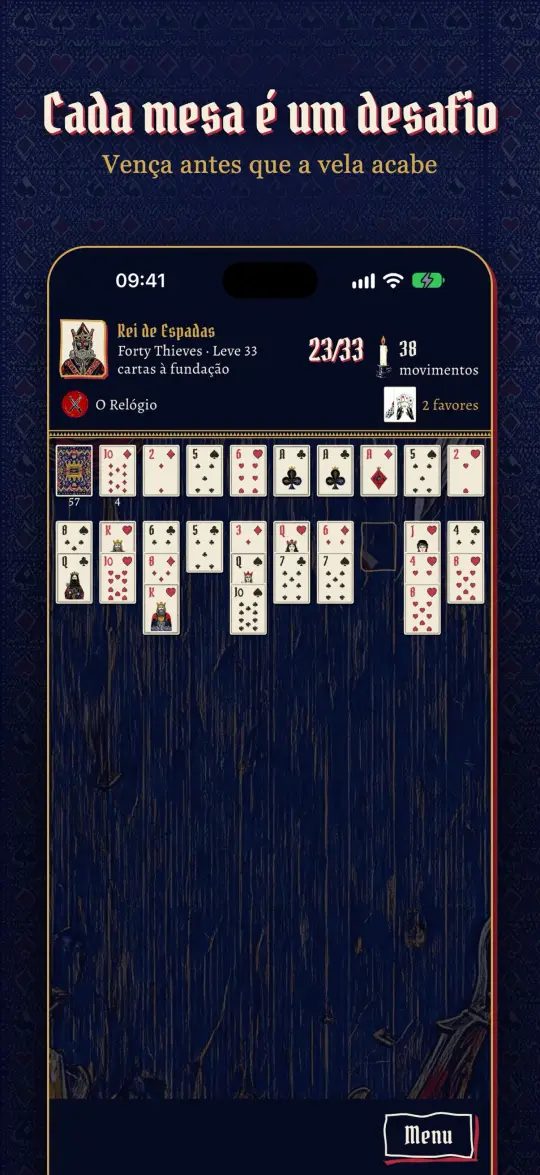 Cada mesa é um desafio: o Forty Thieves, com a vela contando os movimentos