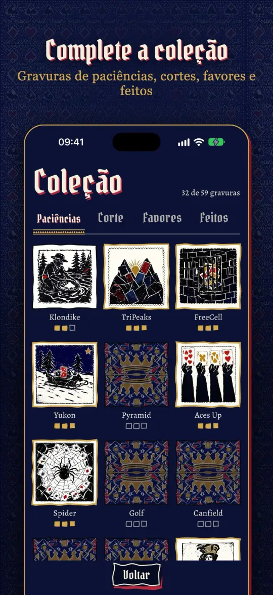 Complete a coleção: gravuras de paciências, cortes, favores e feitos