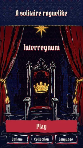A solitaire roguelike: the home screen, the empty throne and its crown between curtains and candles