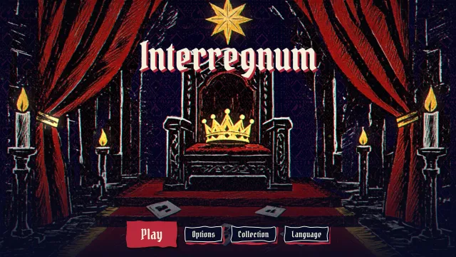 A solitaire roguelike: the home screen, the empty throne and its crown between curtains and candles