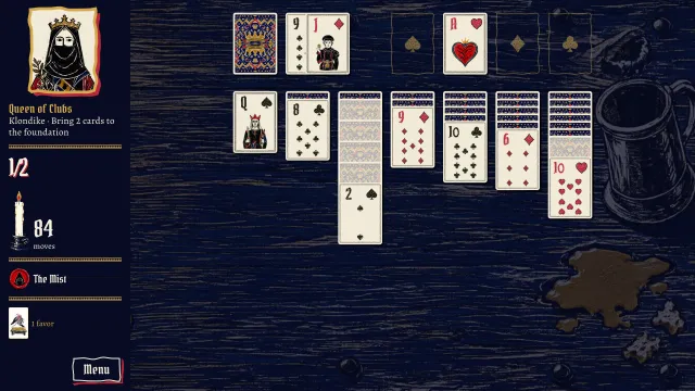 Clubs hide, mist over the cards: a Klondike table against the Queen of Clubs