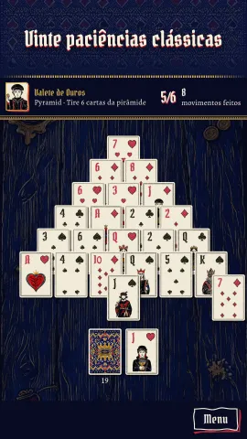 Vinte paciências clássicas: uma mesa de Pirâmide contra o Valete de Ouros