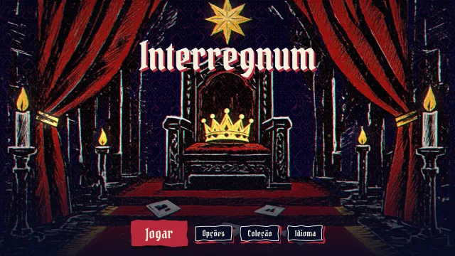 Uma paciência roguelike: a tela inicial, com o trono vazio e a coroa entre cortinas e velas